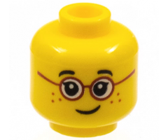 Minifigure, Head Child Black Eyebrows, Single Eyelashes, Glasses with Red Round Frames, Freckles, Lopsided Grin Pattern