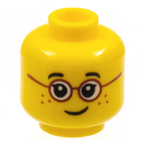 Minifigure, Head Child Black Eyebrows, Single Eyelashes, Glasses with Red Round Frames, Freckles, Lopsided Grin Pattern