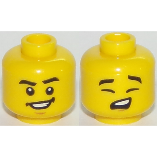 Minifigure, Head Dual Sided Black Eyebrows, Wide Smile, Chin / Eyes Closed, Singing Pattern