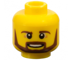 Minifigure, Head Reddish Brown Eyebrows, Moustache and Angular Beard, Medium Nougat Wrinkles, Open Mouth Smile with Teeth Pattern