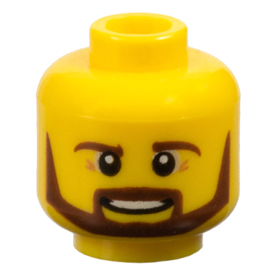 Minifigure, Head Reddish Brown Eyebrows, Moustache and Angular Beard, Medium Nougat Wrinkles, Open Mouth Smile with Teeth Pattern