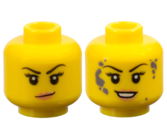 Minifigure, Head Dual Sided Female Black Eyebrows, Eyelashes, Nougat Lips, Smirk / Dark Bluish Gray Splotches and Open Mouth Smile with Teeth Pattern