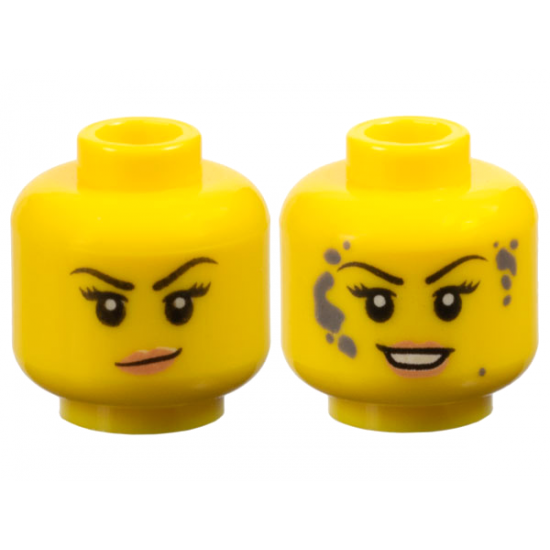 Minifigure, Head Dual Sided Female Black Eyebrows, Eyelashes, Nougat Lips, Smirk / Dark Bluish Gray Splotches and Open Mouth Smile with Teeth Pattern