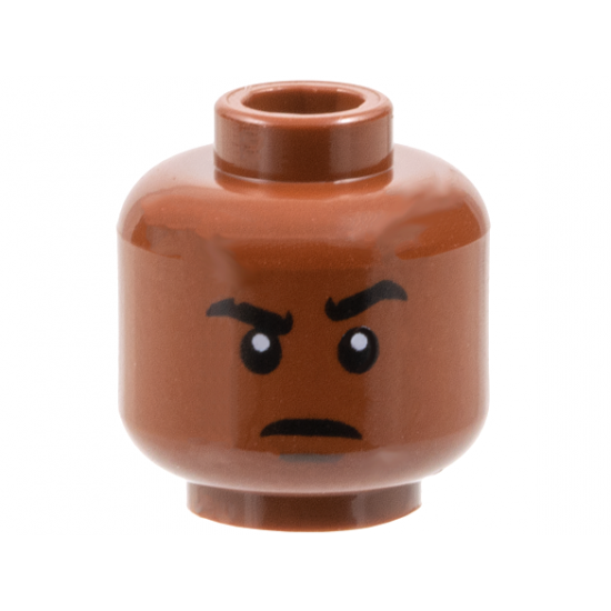 Minifigure, Head Black Thick Eyebrows, Left Raised, Right Notched, Dark Brown Chin Dimple, Slight Frown Pattern