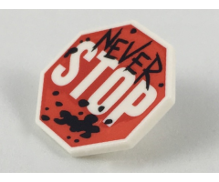 Minifigure, Shield Octagonal  with Stop Sign, Black 'NEVER' and Splotches Pattern