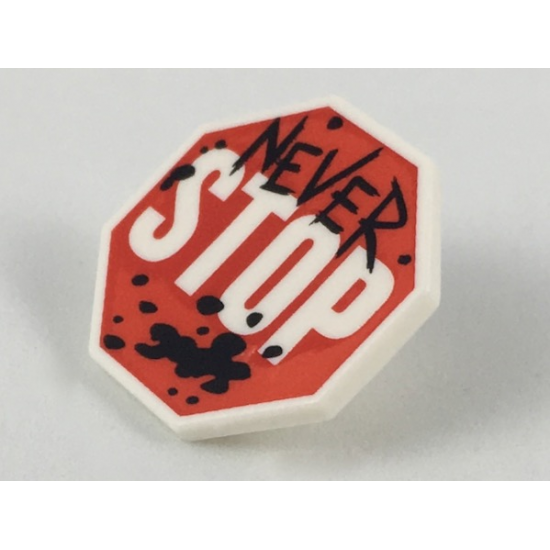 Minifigure, Shield Octagonal  with Stop Sign, Black 'NEVER' and Splotches Pattern
