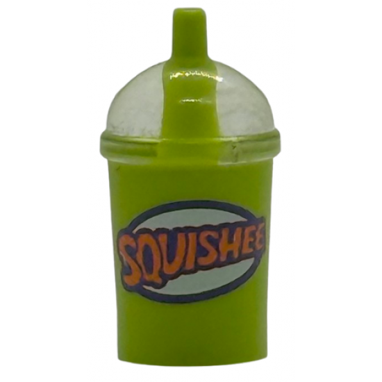 Minifigure, Utensil Cup, Dome Lid Cup and Straw with Molded Trans-Clear Lid and Printed Dark Purple and Orange 'SQUISHEE' Pattern