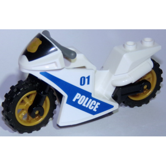Riding Cycle Motorcycle Sport Bike with Black Windshield with Gold Badge Pattern, Black Frame, Pearl Gold Wheels and Dark Bluish Gray Handlebars with Police Pattern on Both Sides (Stickers) - Set 60137
