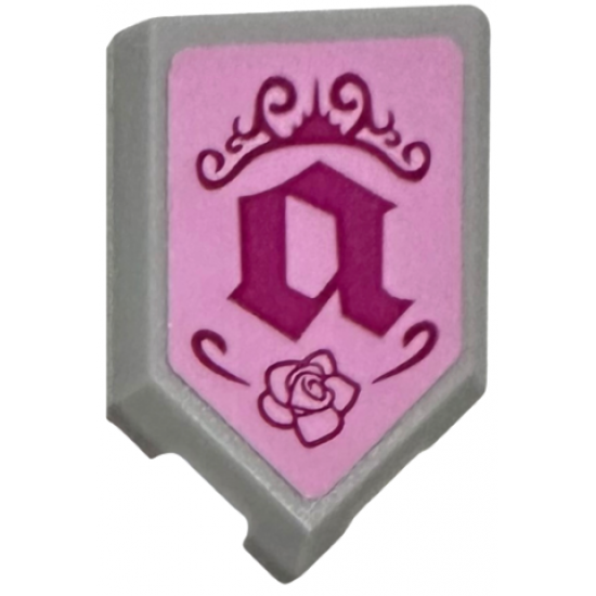 Tile, Modified 2 x 3 Pentagonal with Magenta Lowercase Letter a, Castle, Scrollwork and Rose on Bright Pink Background Pattern (Sticker) - Set 41152
