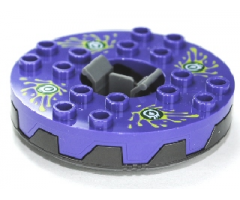 Turntable 6 x 6 x 1 1/3 Round Base Serrated with Dark Purple Top and Lime, White and Dark Green Venomari Pattern (Ninjago Spinner)