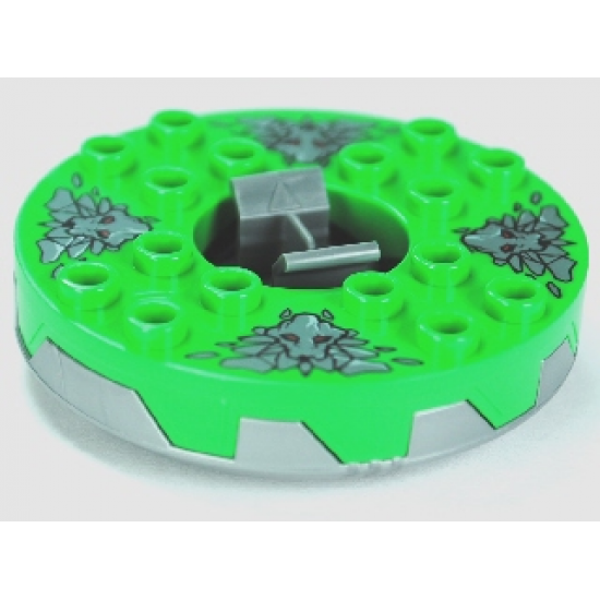 Turntable 6 x 6 x 1 1/3 Round Base Serrated with Bright Green Top and Dark Bluish Gray Stone Heads Pattern (Ninjago Spinner)