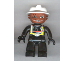 Duplo Figure Lego Ville, Male Fireman, Black Legs, Black Hands, White Helmet, Brown Face