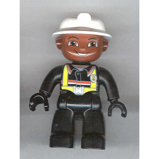Duplo Figure Lego Ville, Male Fireman, Black Legs, Black Hands, White Helmet, Brown Face