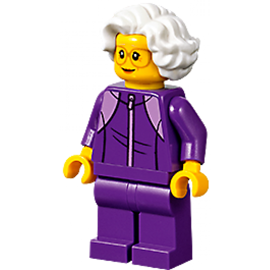 Plane Passenger - Grandmother, Dark Purple Tracksuit, White Wavy Hair, Glasses