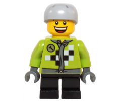 Lime Jacket with Wrench and Black and White Checkered Pattern, Short Black Legs, Sports Helmet with Vent Holes