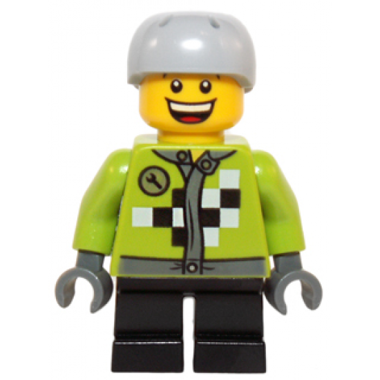 Lime Jacket with Wrench and Black and White Checkered Pattern, Short Black Legs, Sports Helmet with Vent Holes
