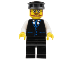 Bus Driver - Male, Black Vest with Blue Striped Tie, Black Legs, Black Hat, Glasses and Beard