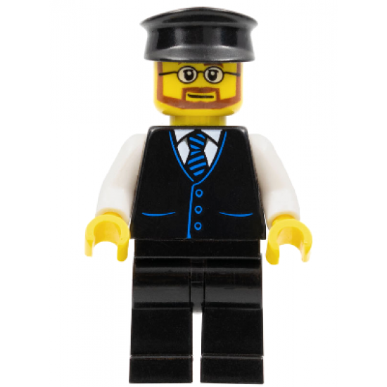 Bus Driver - Male, Black Vest with Blue Striped Tie, Black Legs, Black Hat, Glasses and Beard