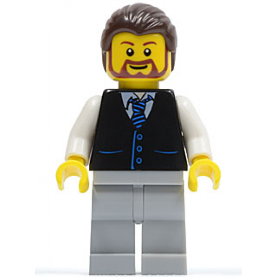 Black Vest with Blue Striped Tie, Light Bluish Gray Legs, White Arms, Dark Brown Hair, Brown Beard Rounded
