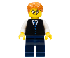 Black Vest with Blue Striped Tie, Dark Blue Legs, White Arms, Dark Orange Short Tousled Hair, Rounded Glasses