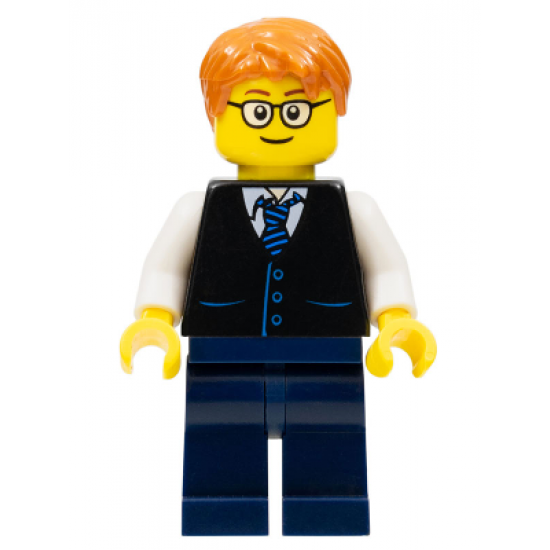 Black Vest with Blue Striped Tie, Dark Blue Legs, White Arms, Dark Orange Short Tousled Hair, Rounded Glasses