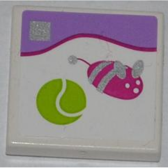 Tile 2 x 2 with Lime Tennis Ball, Silver and Dark Pink Toy Mouse Pattern (Sticker) - Set 41007