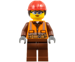 Construction Worker - Female, Orange Safety Vest, Reflective Stripes, Reddish Brown Shirt and Legs, Red Construction Helmet with Dark Brown Hair, Safety Glasses