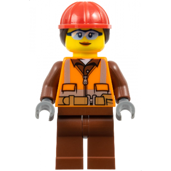 Construction Worker - Female, Orange Safety Vest, Reflective Stripes, Reddish Brown Shirt and Legs, Red Construction Helmet with Dark Brown Hair, Safety Glasses