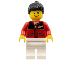 Red Jacket with Zipper Pockets and Classic Space Logo, White Legs, Black Female Ponytail Hair, Brown Eyebrows