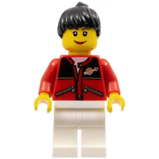 Red Jacket with Zipper Pockets and Classic Space Logo, White Legs, Black Female Ponytail Hair, Brown Eyebrows