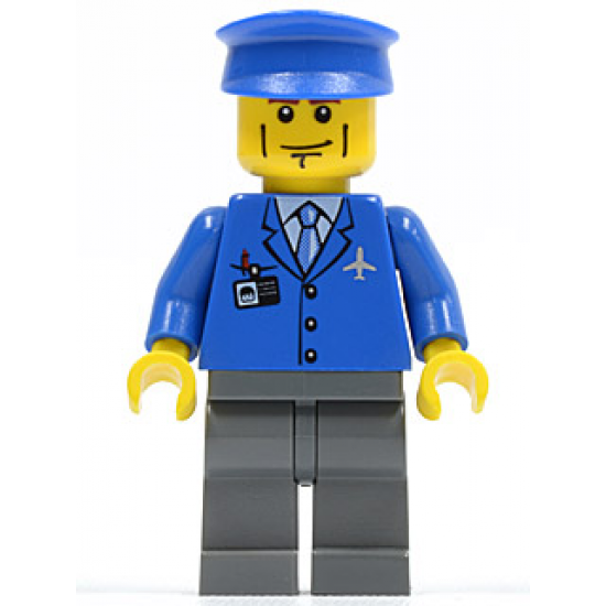 Airport - Blue 3 Button Jacket & Tie, Blue Hat, Dark Bluish Gray Legs, Vertical Cheek Lines
