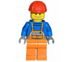 Overalls with Safety Stripe Orange, Orange Legs, Red Construction Helmet, Straight Smile