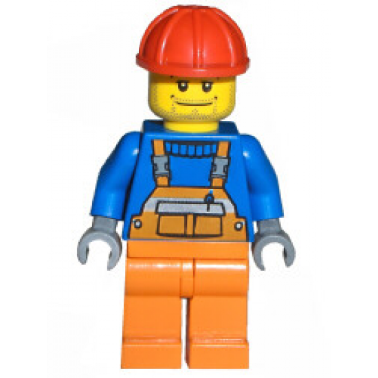 Overalls with Safety Stripe Orange, Orange Legs, Red Construction Helmet, Straight Smile