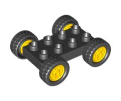 Duplo, Vehicle Car Base 2 x 4 with Fixed Axles, Black Tires and Yellow Wheels