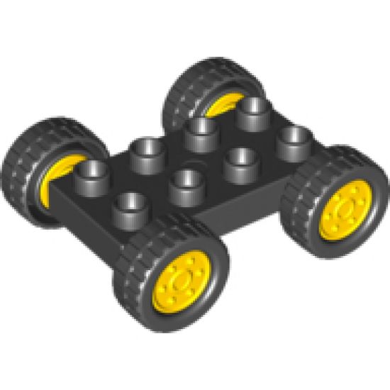Duplo, Vehicle Car Base 2 x 4 with Fixed Axles, Black Tires and Yellow Wheels
