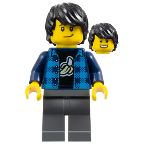 Man, Black Hair, Dark Azure Plaid Vest, Dark Blue Banana Shirt, Dark Bluish Gray Legs