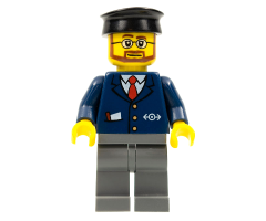 Dark Blue Suit with Train Logo, Dark Bluish Gray Legs, Black Hat, Beard and Glasses