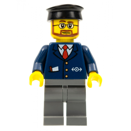 Dark Blue Suit with Train Logo, Dark Bluish Gray Legs, Black Hat, Beard and Glasses
