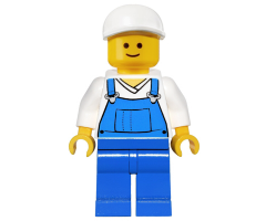 Overalls Blue over V-Neck Shirt, Blue Legs, White Short Bill Cap
