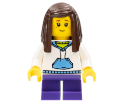 White Hoodie with Blue Pockets, Dark Purple Short Legs, Dark Brown Long Straight Hair with Side Part