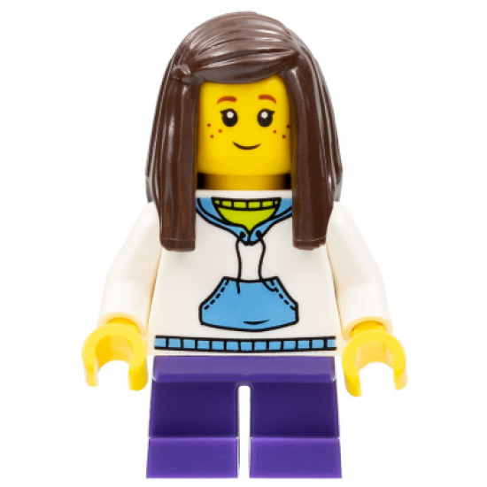 White Hoodie with Blue Pockets, Dark Purple Short Legs, Dark Brown Long Straight Hair with Side Part
