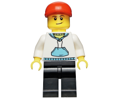 White Hoodie with Blue Pockets, Black Legs, Red Short Bill Cap, Crooked Smile