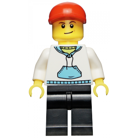 White Hoodie with Blue Pockets, Black Legs, Red Short Bill Cap, Crooked Smile