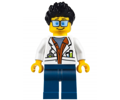 City Jungle Scientist - White Lab Coat with Test Tubes, Dark Blue Legs, Black Ruffled Hair