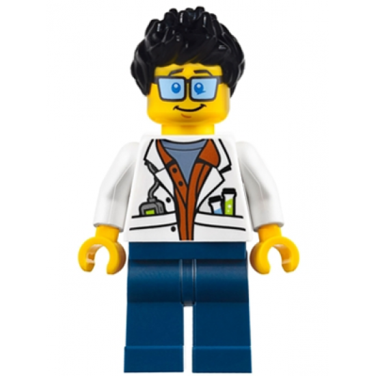 City Jungle Scientist - White Lab Coat with Test Tubes, Dark Blue Legs, Black Ruffled Hair