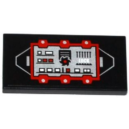 Tile 2 x 4 with Red and Silver Control Panel with Black Saw Blade and White 'LOCK' Pattern (Sticker) - Set 70725