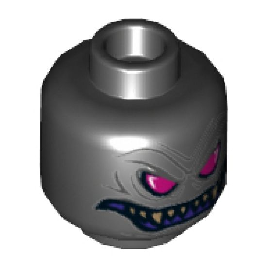 Minifigure, Head Dual Sided Alien with Magenta Eyes, Dark Purple Grin with Sharp Teeth and Gold Vertebra on Back Pattern - Hollow Stud