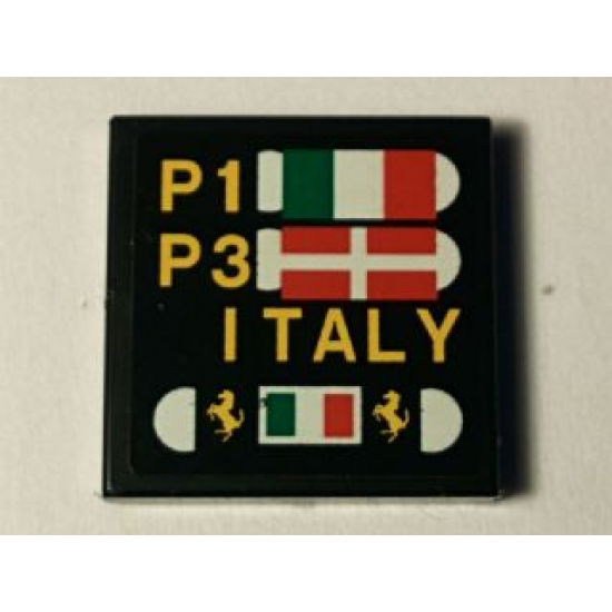 Tile 2 x 2 with Pit Board with Italian and Danish Flags, 'P1', 'P3', 'ITALY' and Ferrari Logos Pattern (Sticker) - Set 40194