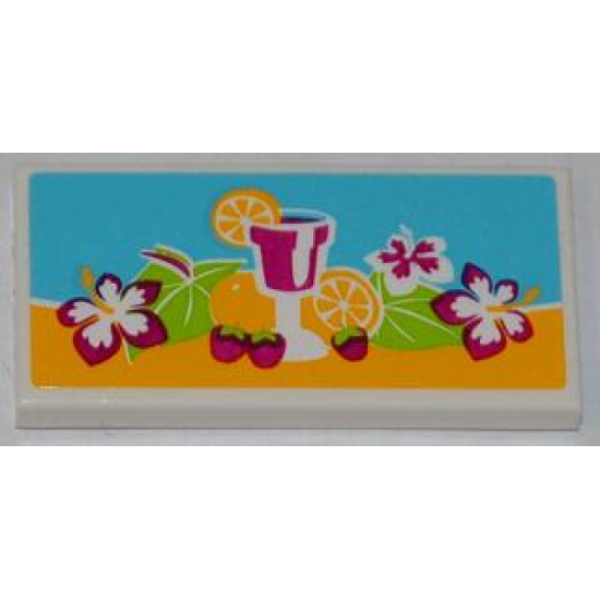 Tile 2 x 4 with Drink, Fruits and Flowers Pattern (Sticker) - Set 41008