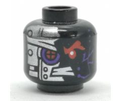 Minifigure, Head Alien with Mechanical Right Eye Red, Silver Plates with 4 Rivets on Front and Back Pattern - Hollow Stud